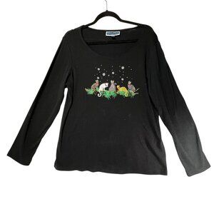 Karen Scott Cat Sweater Glitter Rhinestones Black Snow Holly Holiday Top
